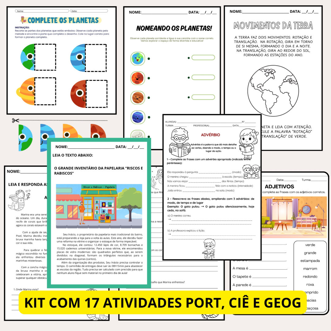 KIT DE ATIVIDADES, PORTUGUÊ, CIÊNCIAS E GEOGRAFIA